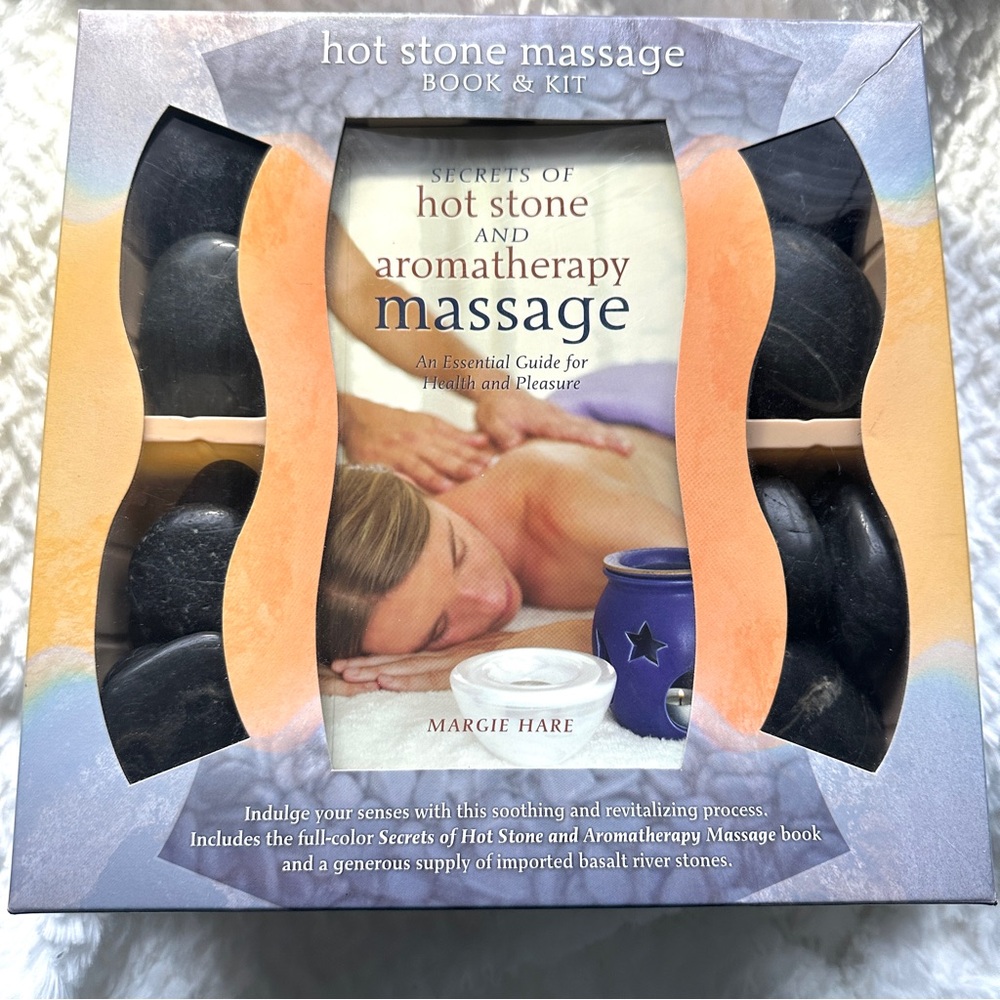 NIB Hot Stone & Aromatherapy Massage Book & Kit With Basalt River Stones